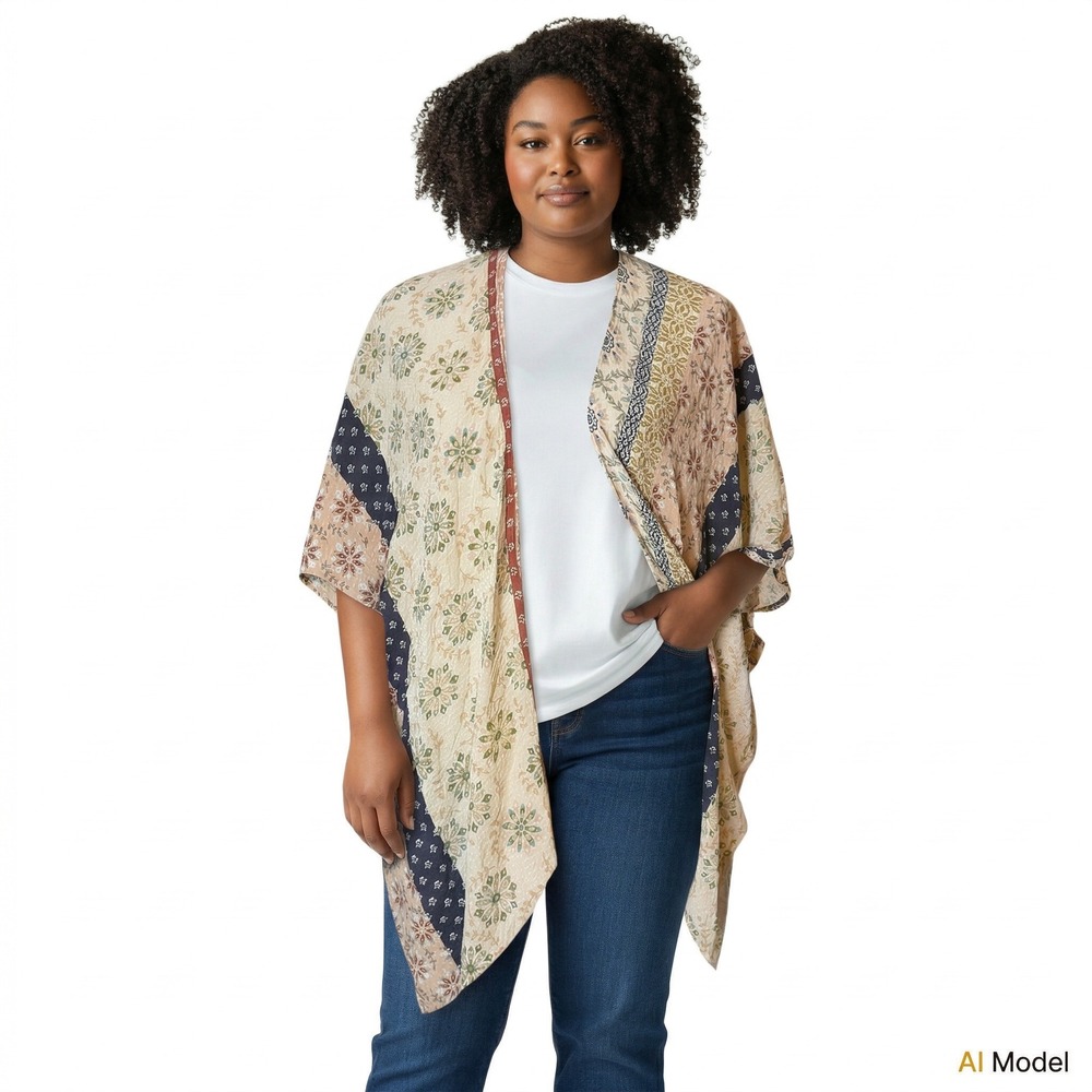 Unknown Kimono Cardigan Women L Multicolor Patchwork Floral Boho Layering‎ Wrap